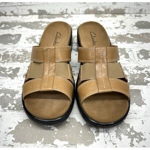 Clarks Holiday‎ Sandals Womens Size 7M Sandstone Leather Slide Open Toe